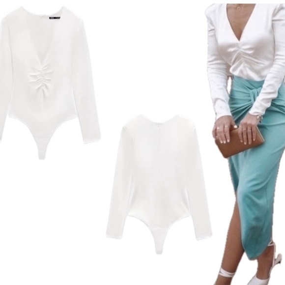 Zara white satin effect ruched long sleeve V-neck bodysuit Sz XL NWOT - Picture 4 of 13